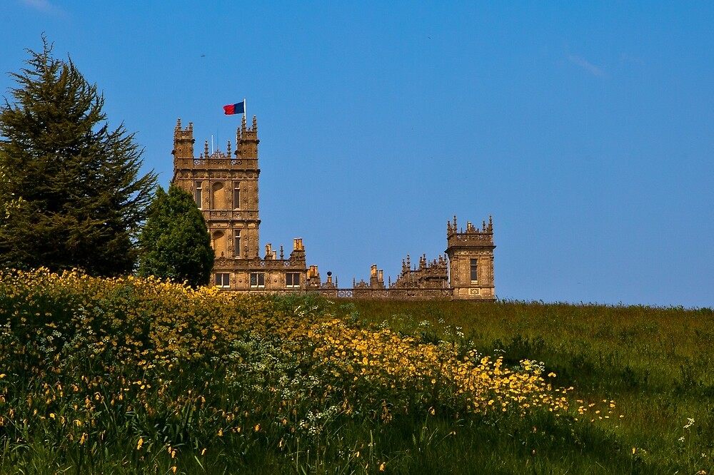 Highclere Castle — the real Downton Abbey — above a meadow of wildflowers